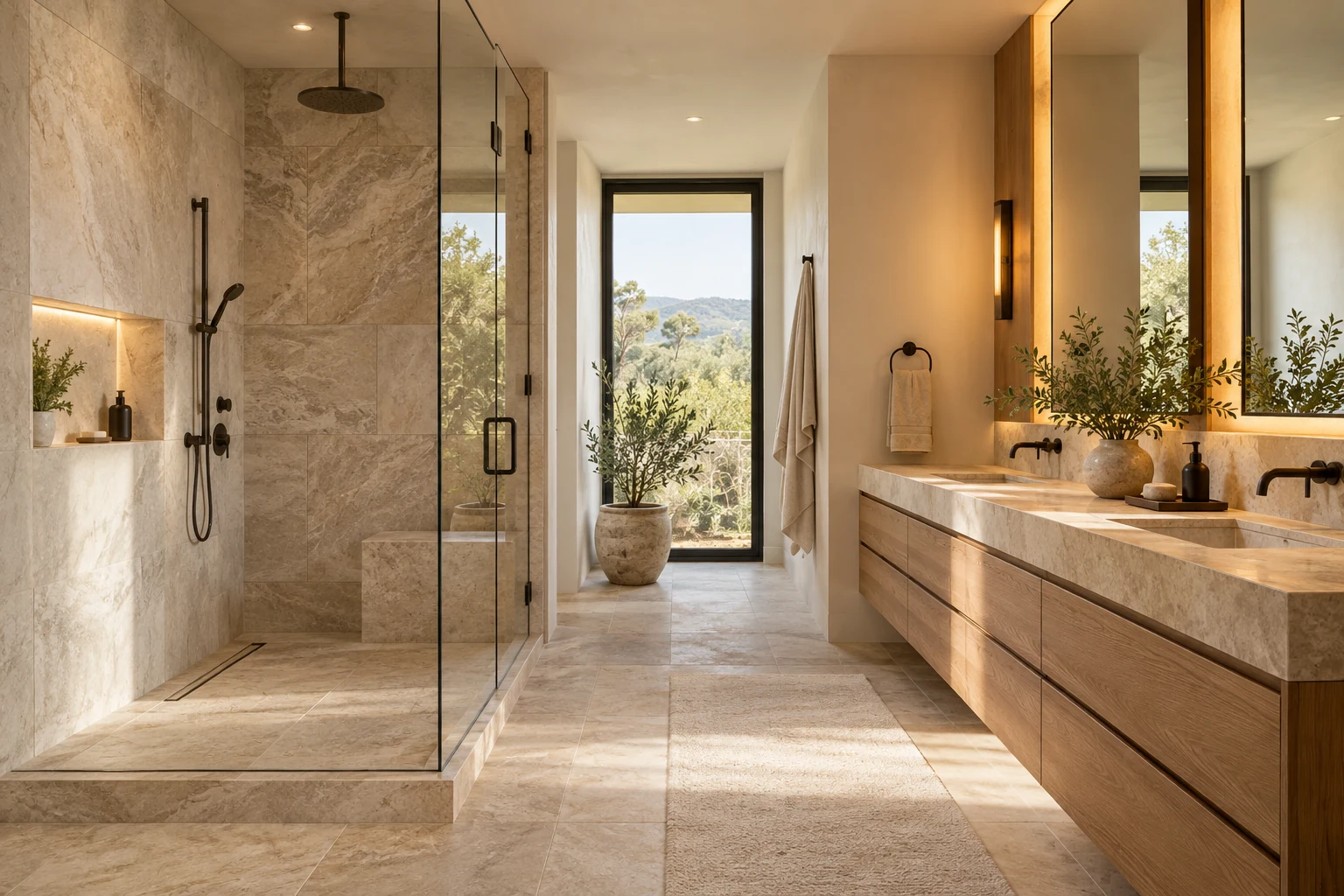 Bathroom design concept with a stone shower and floating oak vanity