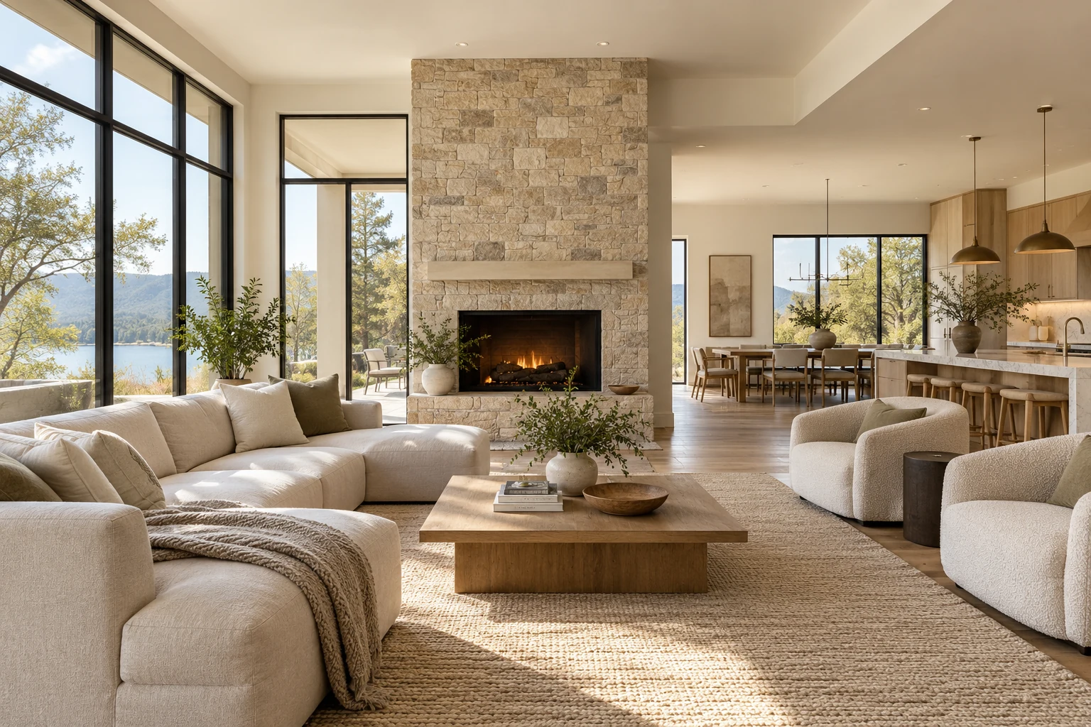 Living room renovation concept with oak floors and a contemporary stone fireplace